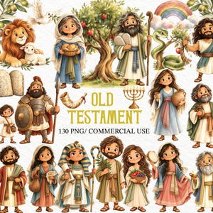Puede incluir: Una colección de ilustraciones de personajes del Antiguo Testamento que incluye figuras con bastones, un guerrero con escudo, una serpiente, un león, un cordero, una paloma, un arcoíris y una menorá. El texto dice OLD TESTAMENT 130 PNG/ COMMERCIAL USE.