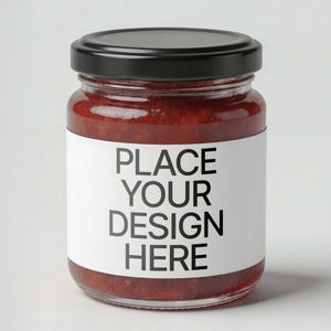May include: A clear glass jar filled with red jam, topped with a black screw-on lid. A white rectangular label is wrapped around the center of the jar, featuring the black printed text "PLACE YOUR DESIGN HERE" in a bold, sans-serif font.