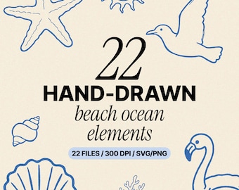 Sommer Strand Clipart Bundle, 22 Ozean Linie Kunst Illustrationen, Küsten Sammlung Clipart Bundle PNG SVG