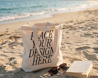 Canvas Tragetasche Mockup auf einem sandigen Strand PSD