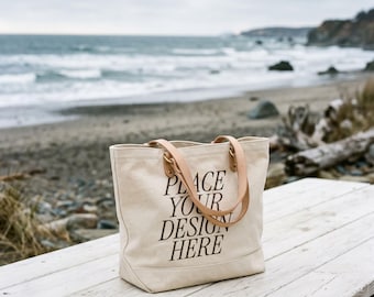 Canvas Tragetasche Mockup auf einem Picknick Tisch am Strand PSD