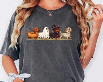 Halloween teckel kostuum shirt, griezelig seizoen teckel T-shirt, retro herfst top voor hondenliefhebbers, Comfort Colors schattige teckel kleding