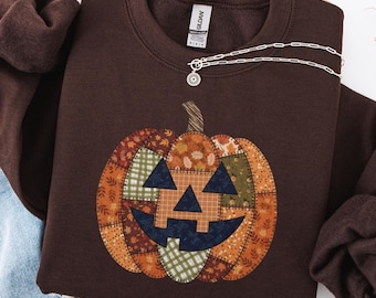 Sweat-shirt d'Halloween en faux patchwork de citrouilles : tenue de saison rétro effrayante