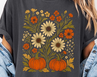 Boho Fall Floral Comfort Colors® Shirt, Retro Herbst Tshirt, Herbst Vibes Shirt, Kürbis Saison Grafik T-Shirt, Vintage Herbst Kürbis Ästhetik