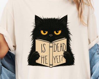 Camiseta "Ele já morreu?" com estampa de gato preto: camiseta de protesto anti-Trump, sutil FDT
