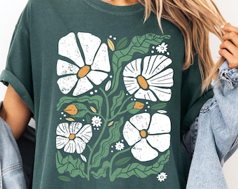 Camiseta con margaritas bohemias y colores cómodos: camiseta botánica