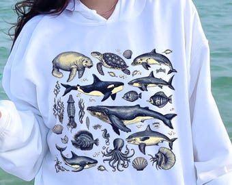 Sudadera vintage con animales marinos: sudadera retro con capucha del océano