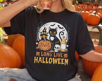 Comfort Colors Retro Halloween Shirt, Long Live Halloween Tee, Vintage Spooky Season Top, Pumpkin Fall Apparel, Black Cat Graphic