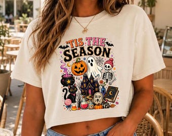 Tis The Season Halloween Crop Top, Comfort Colors Boxy Cropped Shirt, Spooky Season Tee, Fall Collage Apparel