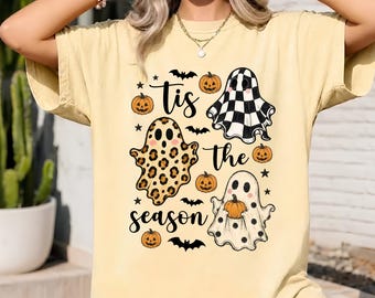 Retro Ghosts Tis The Season Shirt, Vintage Halloween Comfort Colors, Y2K Spooky Season Tee, Fall Apparel For Women