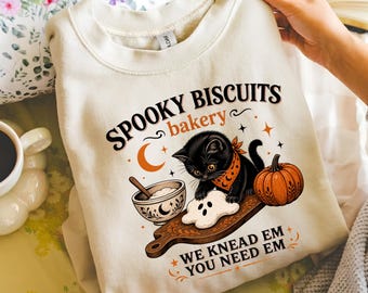 Spooky Biscuits Bakery Sweatshirt, Black Cat Baking Crewneck, Kitty Biscuits Halloween Sweater, Vintage Fall Cat Pullover