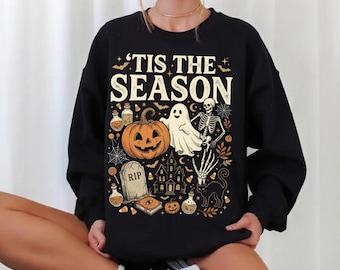 Tis The Season Sweatshirt, Retro Halloween Crewneck, Vintage Spooky Aesthetic, Pumpkin Ghost Sweater, Oversized Fall Pullover