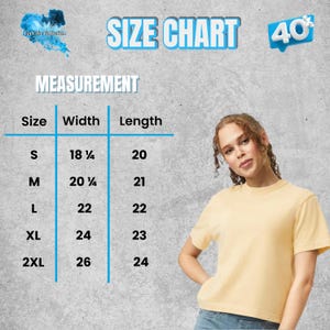 May include: A size chart graphic with the text SIZE CHART and MEASUREMENT, listing widths and lengths in inches for sizes S through 2XL. A light yellow short-sleeve t-shirt is displayed alongside the chart on a textured gray background.