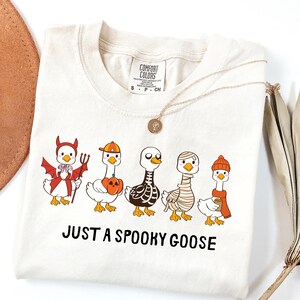 May include: Cream-colored t-shirt featuring a Halloween-themed graphic of five cartoon geese in costumes. The geese are dressed as a devil, a pumpkin, a skeleton, a mummy, and a goose with a scarf. The text "JUST A SPOOKY GOOSE" is printed below.