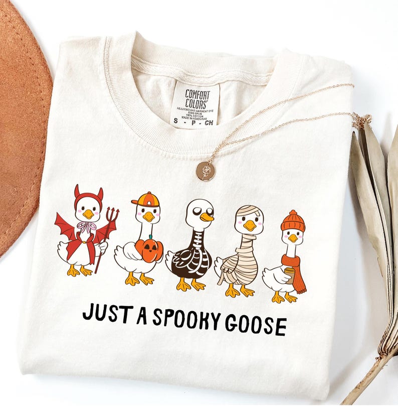 May include: Cream-colored t-shirt featuring a Halloween-themed graphic of five cartoon geese in costumes. The geese are dressed as a devil, a pumpkin, a skeleton, a mummy, and a goose with a scarf. The text "JUST A SPOOKY GOOSE" is printed below.