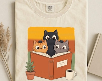 Retro Reading Cats Shirt, Book Lover Cat Tee, Cozy Cottagecore Vintage Top, Comfort Colors Reader Gift, Bookworm Cat Apparel