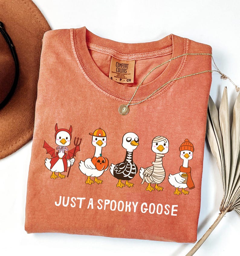 May include: A terracotta-colored t-shirt featuring a graphic of five cartoon geese in Halloween costumes. The geese are dressed as a devil, pumpkin, skeleton, mummy, and a goose with a scarf and hat. The text "JUST A SPOOKY GOOSE" is printed below the geese.