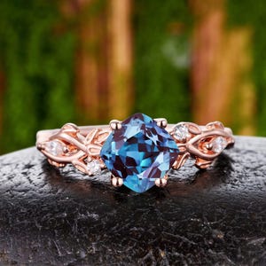 Cushion Cut Lab Alexandrite Ring 7x7mm 14K Rose Gold, Split Cross Shank, Leaf Vine Twig Design, Round Marquise Moissanite Accent