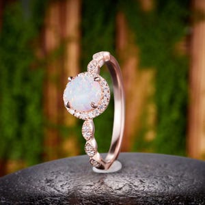 6mm Lab White Opal Ring, 14k Rose Gold, Round Halo with Moissanites, Vintage October Birthstone Engagement Gift