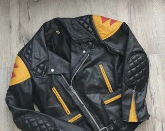 Chaqueta de motociclista vintage de cuero negro con detalles amarillos, acolchada, estilo motociclista, de piel de vaca.