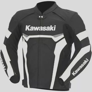 Kawasaki Motorcycle Jacket - Black & White Biker Racing Gear - Men&#39;s Riding Protective Cowhide Leather Jacket