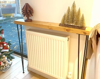 Table console en bois rustique faite main : cache-radiateur, pieds en épingle à cheveux