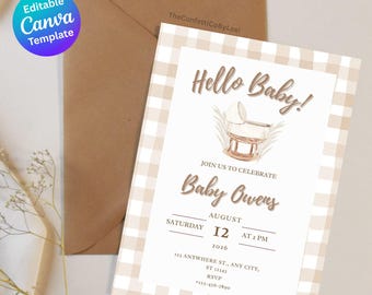 Gingham Boho Baby Shower Invitation Template | Editable Canva Template | Baby Shower Invitation | Gender Neutral Invite