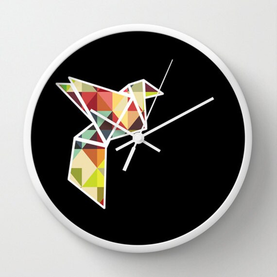 Origami Bird Wall Clock Multicolor Abstract Triangles Squares Retro Original Design Home Decor By Adidit
