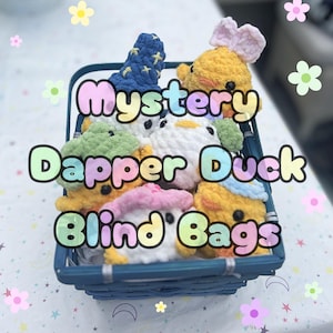 May include: A blue basket containing several crocheted duck toys in various colours, including yellow, white, and green, each with hats and accessories. The image includes the text "Mystery Dapper Duck Blind Bags."
