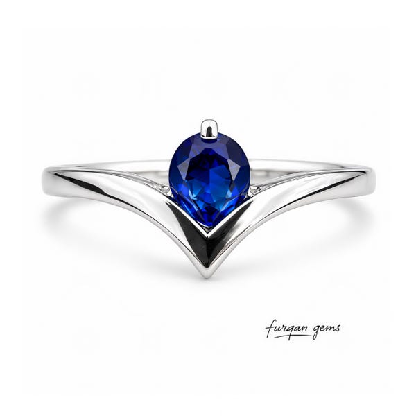 Natural Blue Sapphire Solitaire Ring, Modern V-Shape Sterling Silver Anniversary Ring