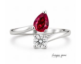 Toi et Moi pear Ruby Moissanite Sterling Silver Handmade Ring, Two Stone Ring, July Birthstone, birthday gift, mothersdaygift, giftformom.
