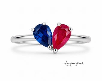Toi et Moi pear Ruby & Sapphire Sterling Silver Handmade Ring, Two Stone Ring, July Birthstone, birthday gift, mothers day gift, giftformom.