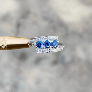 Natural Blue Sapphire Engagement Ring, 925 Sterling Silver Ring, 3-Stone Style September Birthstone Anniversary Ring, Wedding Ring for Her.
