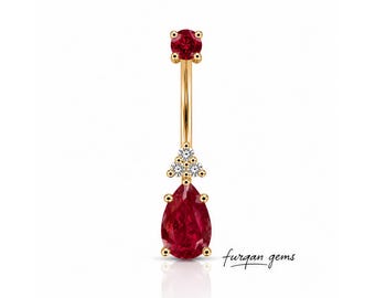 Moissanite, Emerald, Ruby, Sapphire Belly Ring 12K Gold, Teardrop Navel Ring, Body Jewelry, Belly Piercing, Gift for Her, Fine Jewelry Gift.