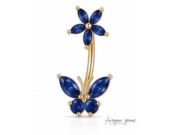 Piercing para el ombligo de zafiro azul natural en oro de 12 quilates, piercing floral marquesa para el ombligo, joyería corporal, piercing para el ombligo, piedra de nacimiento de septiembre, regalo para ella.