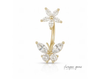 Moissaniet-buikring 12 kt goud, navelring in bloemenstijl, lichaamssieraden, luxe navelpiercing, cadeau voor haar, schattige navelring.