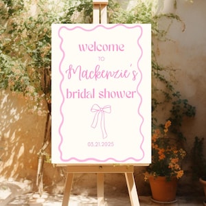 Modello di cartello di benvenuto per baby shower, compleanno, addio al nubilato, fiocco rosa chiaro, modificabile, download digitale, poster Canva