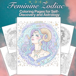 Feminine Zodiac Celestial Gemstone Coloring Pages, 12 Printable Adult Coloring Sheets,Mystical Astrology Art Therapy Digital A4 PDF Download