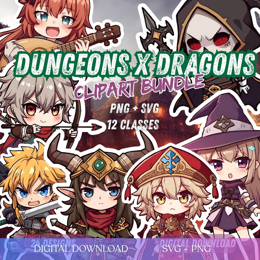 Dnd Chibi Classes Clipart Bundle PNG SVG, 24 RPG Character Stickers ...