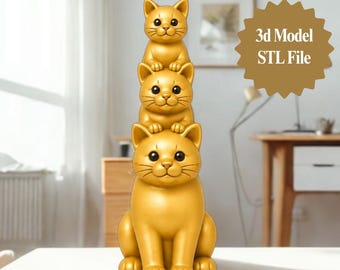 Stacked Cat Figurine 3D Print File, Whimsical Feline Shelf Decor (STL Download)