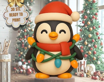 クリスマスペンギンとライトのSTLフィギュア - かわいい3Dプリント可能なホリデーデコレーション（デジタルダウンロード）