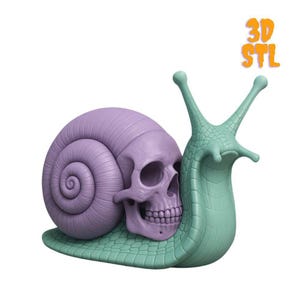 Peut inclure: Une sculpture imprimée en 3D d'un escargot avec une coquille en forme de crâne. La coquille est violette, le corps est vert d'eau texturé, et le texte "3D STL" est en orange. Le design de l'escargot est un mélange unique de nature et de macabre.