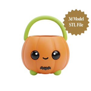May include: An orange pumpkin-shaped container with a light green handle and feet. The pumpkin features a black bat graphic, a small black smile, and two large black eyes with white highlights. A gold starburst badge displays the text 3d Model STL File.