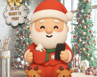 Santa with Coffee and Phone STL Figurine – Kawaii 3D Printable Christmas Decor (Digital Download)