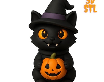 Archivo STL de gato negro con calabaza / Figura de gato de Halloween (descarga digital)