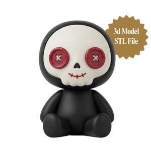 May include: A 3D model STL file of a seated character with a black body and a white skull-shaped head. The character features two red button eyes with white stitching, a small black nose, and a stitched red mouth. A gold starburst badge reads 3d Model STL File.