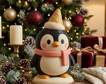 Penguin with Ice Cream Hat STL Figurine – Festive 3D Printable Holiday Decor (Digital Download)