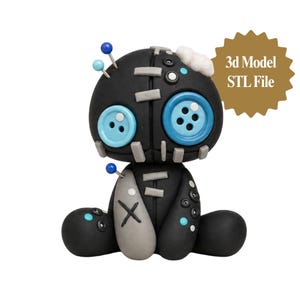 May include: A black voodoo doll figurine with a large head, light blue button eyes, and grey stitched patches. It features two pins in the head and one in the shoulder, with white tufts and the text 3d Model STL File on a gold starburst.