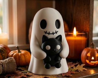 Ghost Holding Black Cat STL File | Halloween Printable Figurine | Gothic Decor