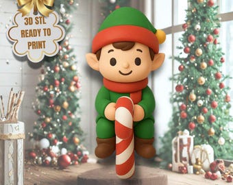 キャンディケインを持ったクリスマスエルフのSTLフィギュア – 3Dプリントで作れる、お祭り気分満点のホリデーデコレーション（デジタルダウンロード）
